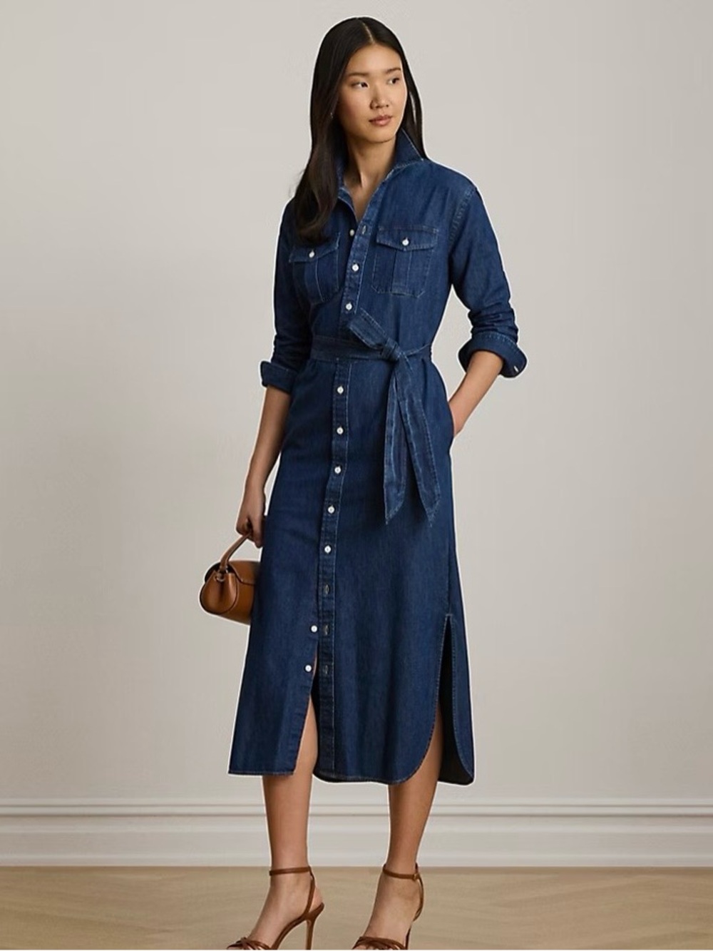 Ralph Lauren Indigo Denim Midi Shirt Dress with Tie Waist